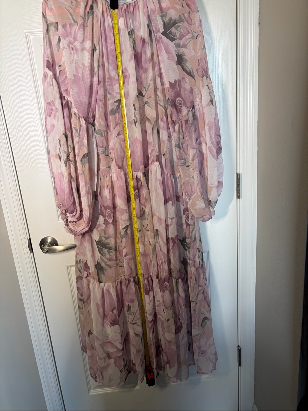 H&M Pink and Cream Floral Tiered Maxi Dress with Tie Neck - Picture 5 of 8